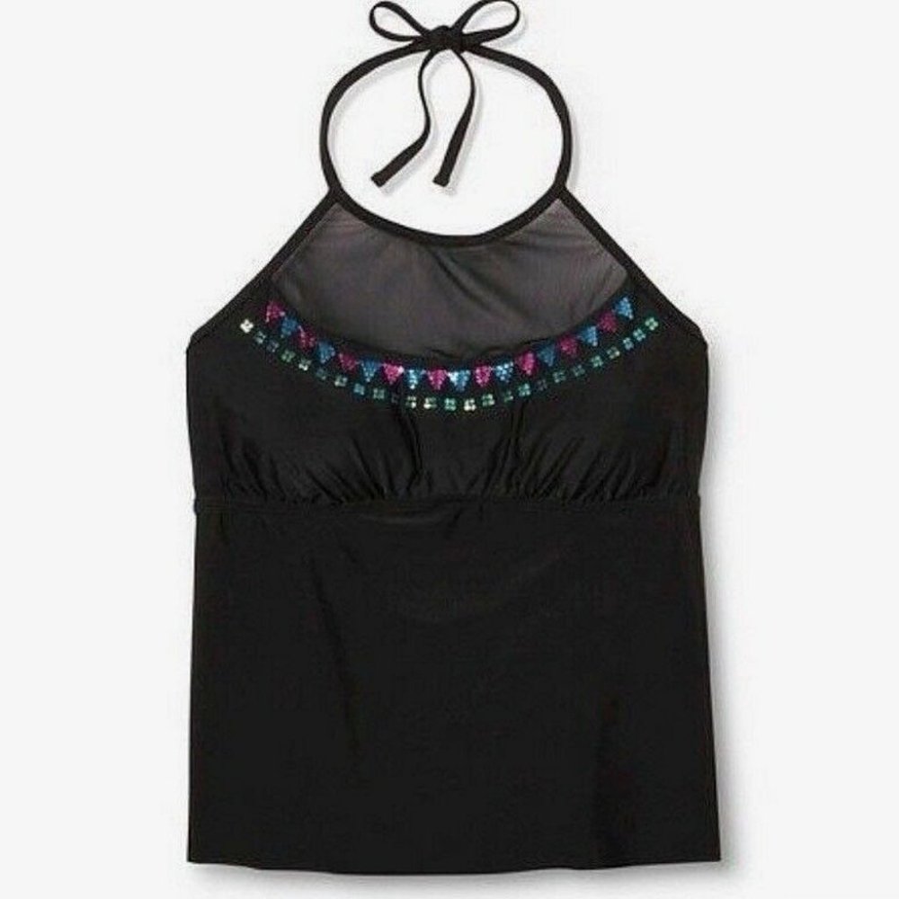 Plus Size Mesh Yoke Sequin Embellished Tankini Top - Picture 2 of 9